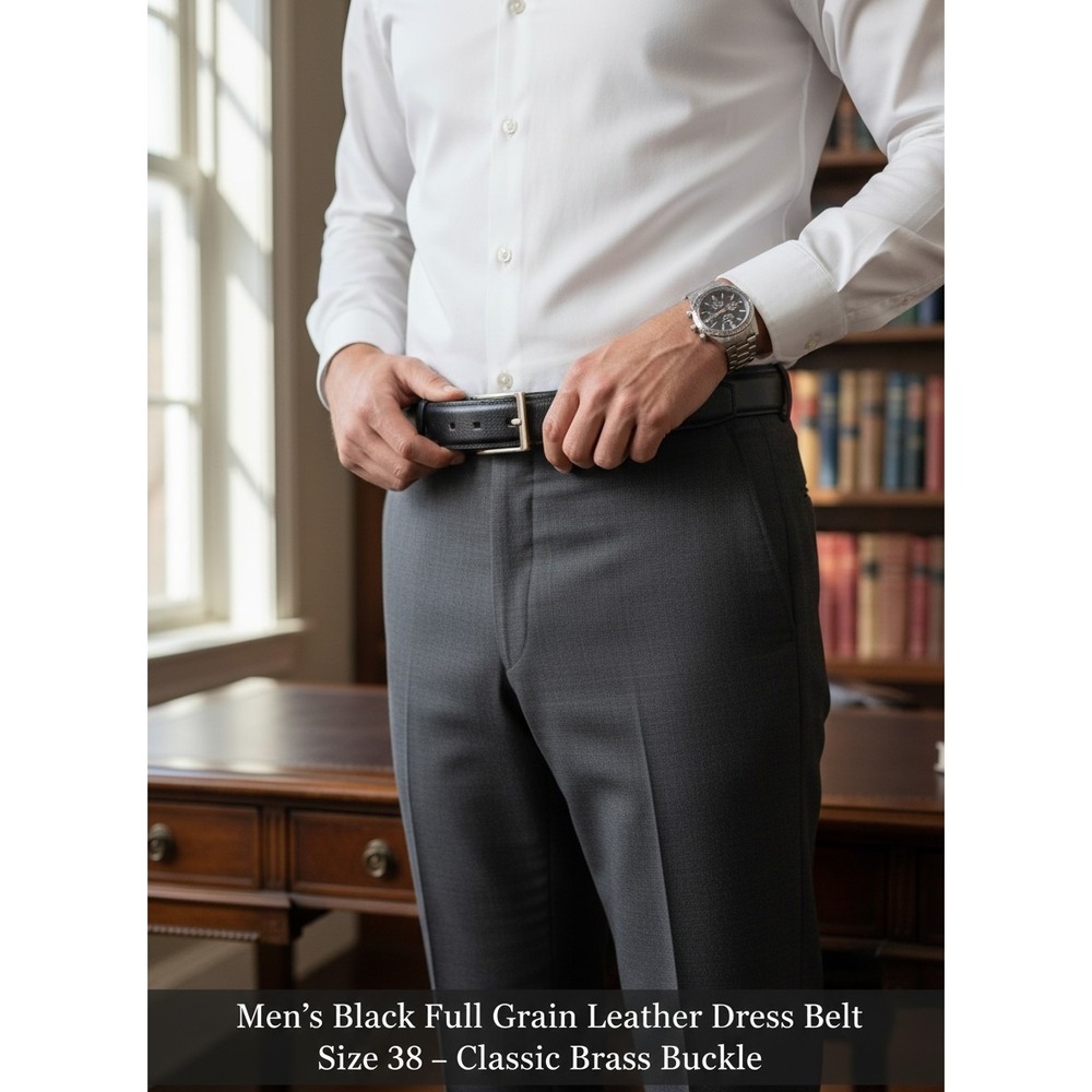 Men's Black Full Grain Leather Dress Belt Size 38 – Classic Brass Buckle